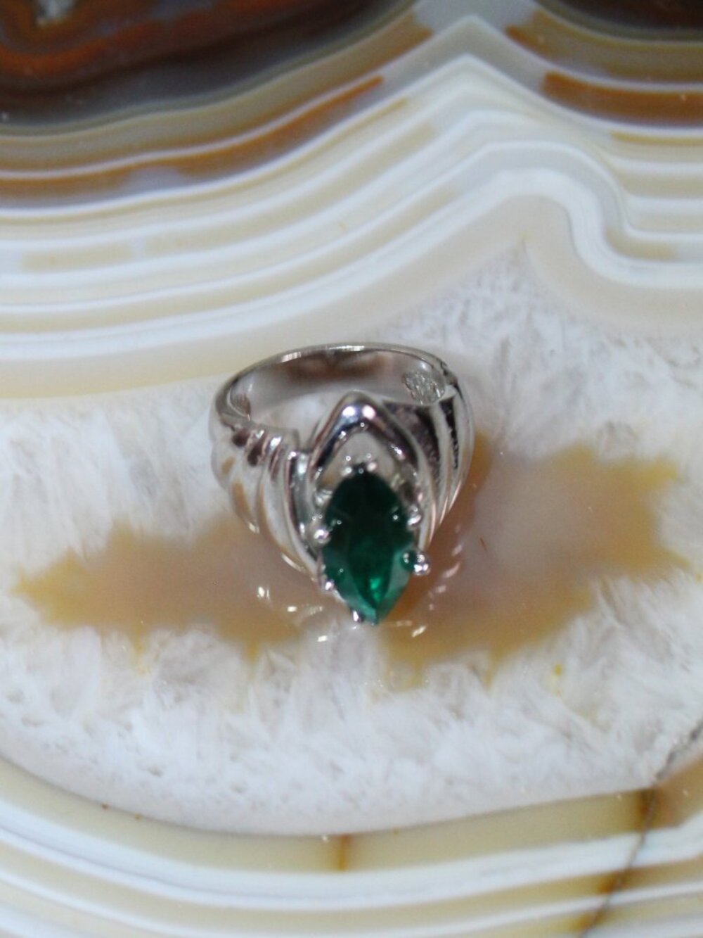 Silver-tone Size 6 Large Marquis Cut Green Crystal Cocktail Ring